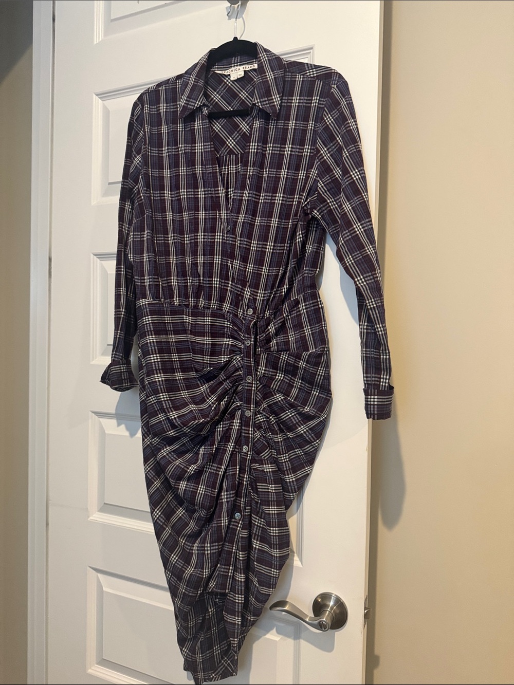 Veronica Beard Purple Plaid Ruched Long Sleeve Shirt Dress
